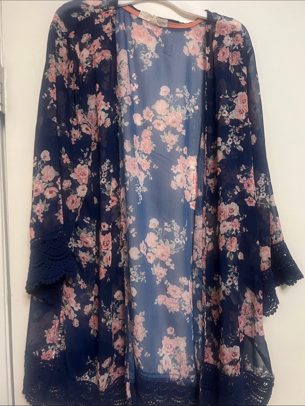 Navy Floral Sheer Kimono with Pink Roses duster boho whimsy